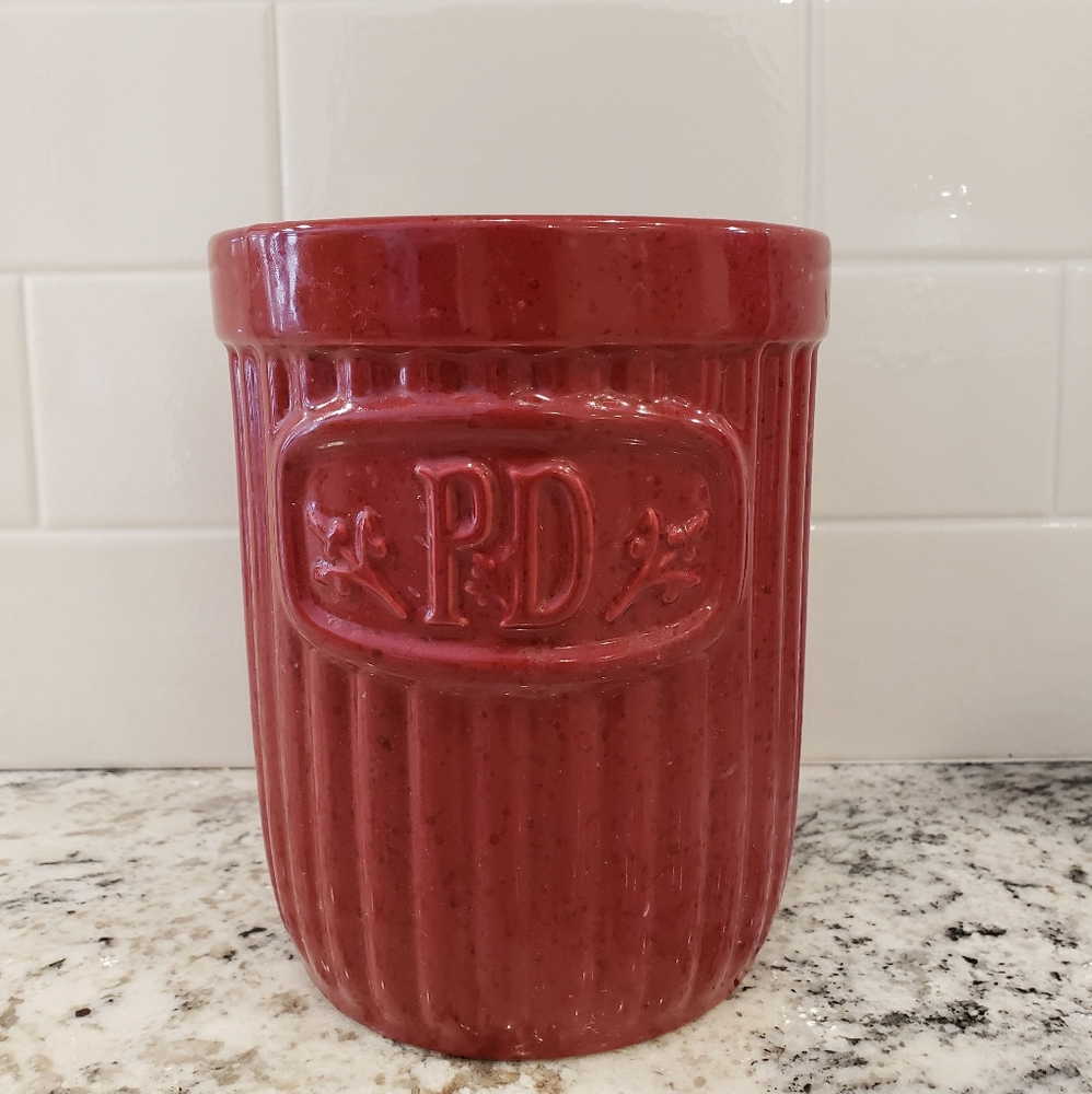 Paula Deen red stoneware crock Utensil holder